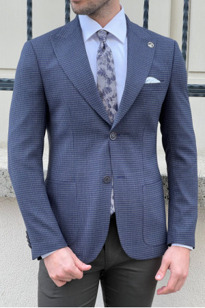 Houndstooth Navy Blue Pointed Collar Bag Pocket Jacket