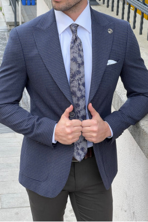 Houndstooth Navy Blue Pointed Collar Bag Pocket Jacket