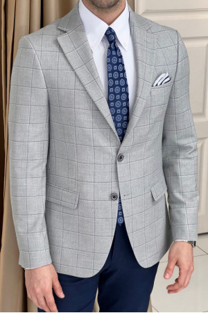 Mono Collar Plaid Gray Jacket