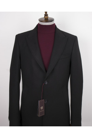  Black Color Pointed Collar Long Coat