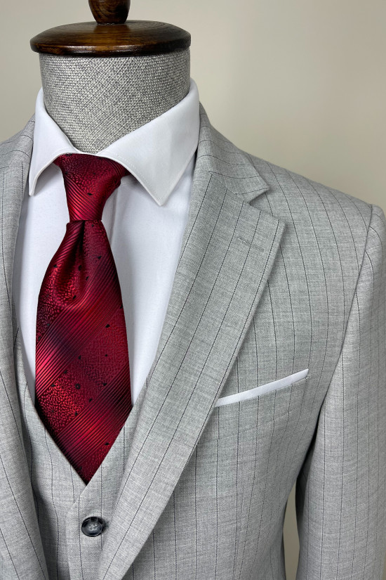 Çizgili Mono Yaka Yelekli Takım Elbise 