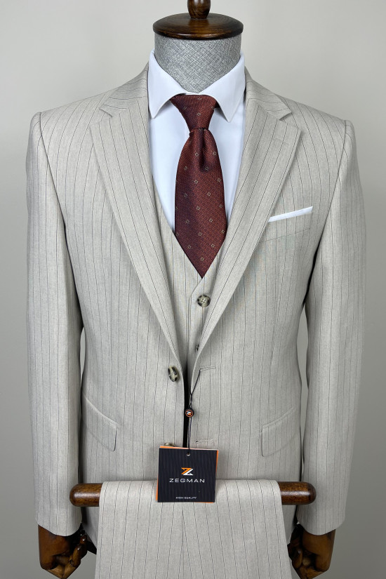 Çizgili Mono Yaka Yelekli Takım Elbise 