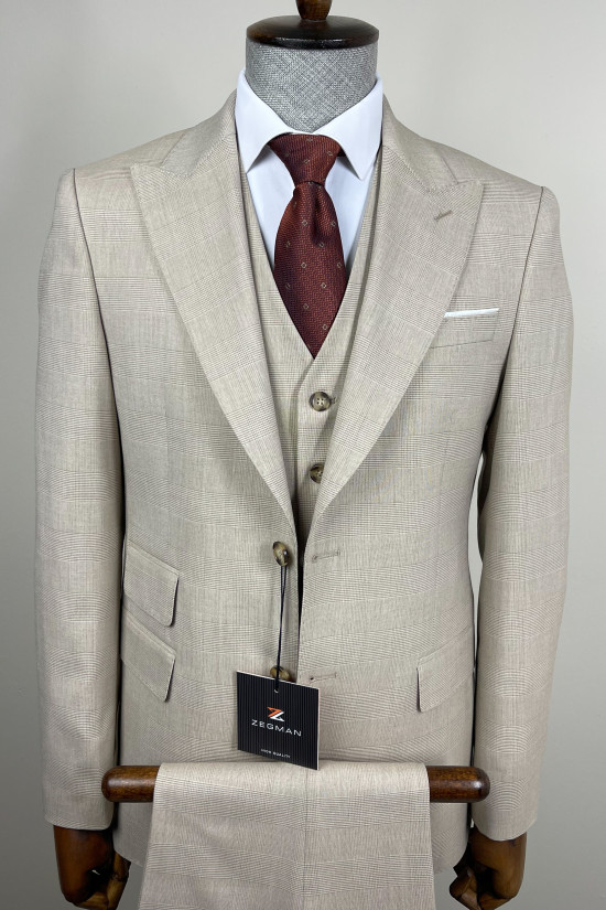 Sivri Yaka Ekose Yelekli Takım Elbise